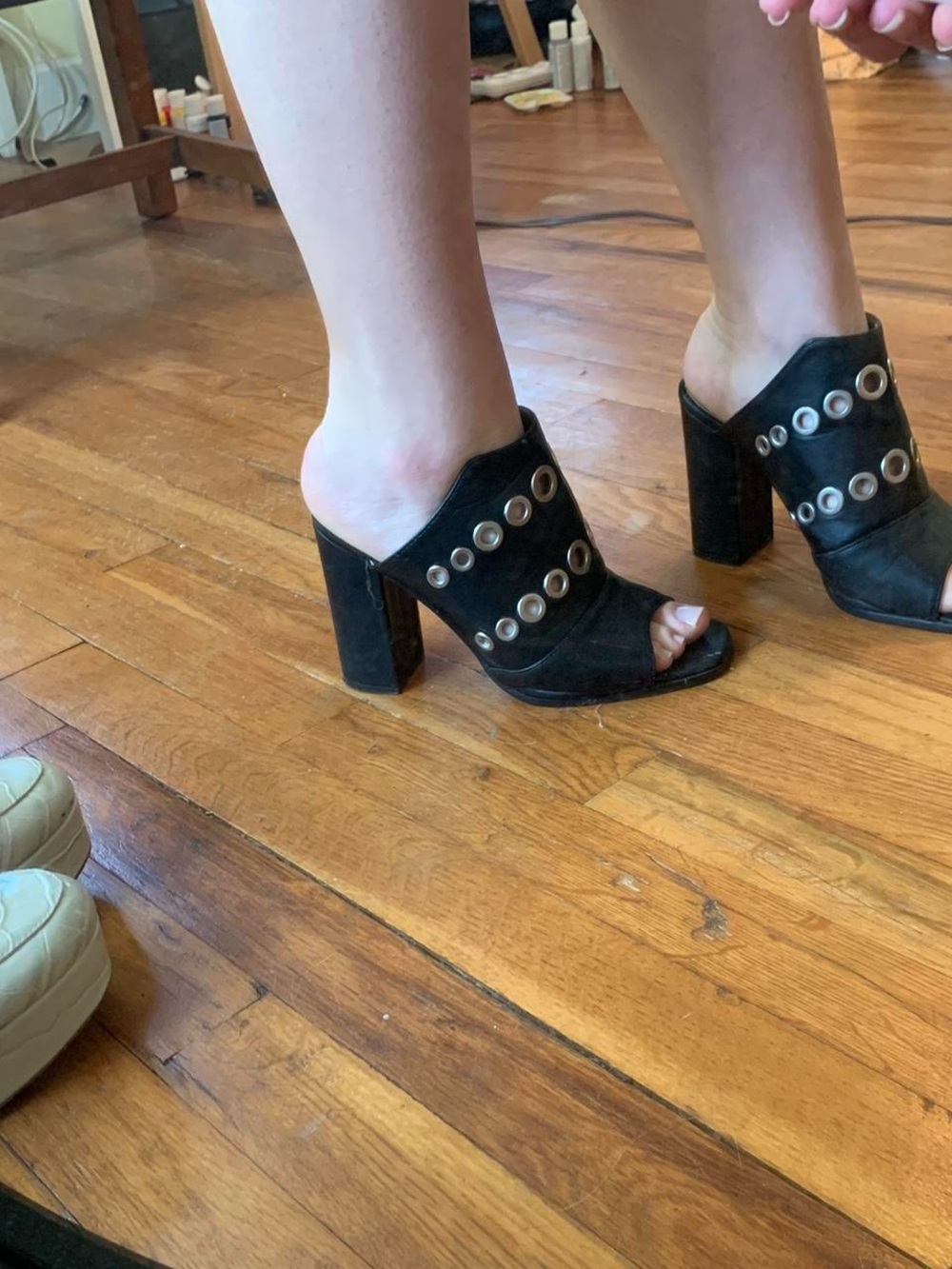 Black Leather Peep-Toe Eyelet Block Heel Mule